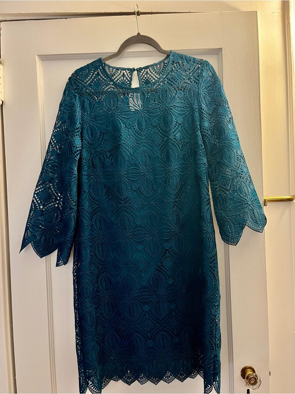 Trina Turk Teal Lace Shift Dress with Scalloped Sleeves